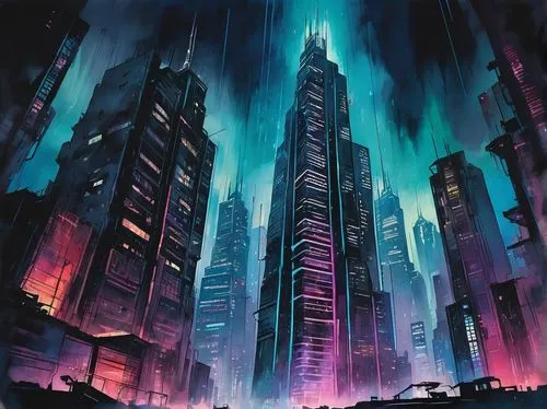 cybercity,cybertown,cyberpunk,futuristic landscape,cityscape,metropolis,coruscant,black city,barad,neuromancer,skyscrapers,guangzhou,deodato,cyberworld,dystopian,megalopolis,cybertron,genosha,fantasy city,highrises,Illustration,Paper based,Paper Based 25