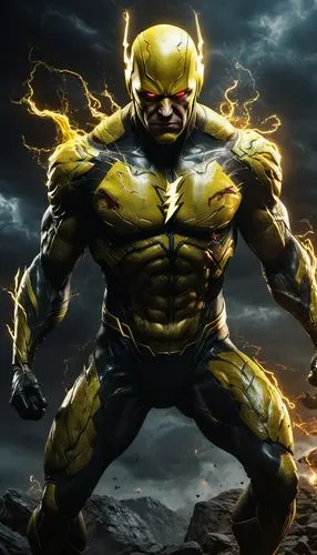 A striking cinematic image of a hybrid creature, combining the features of Trump and Reverse-Flash from the DC Comics universe. The creature has a muscular build with a Trump head and iconic hair styl