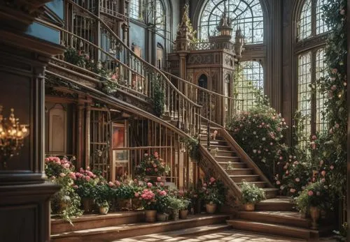 a staircase next to many flowers and greenery,staircase,outside staircase,victorian,old victorian,stairway,staircases,Photography,General,Fantasy