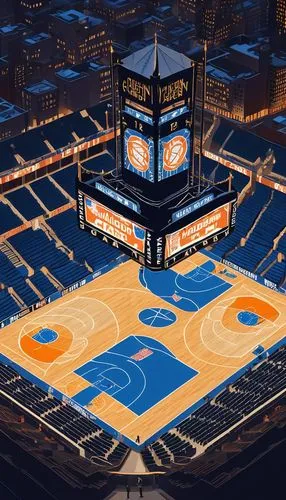 Madison Square Garden, New York City, iconic sports arena, modernized Beaux-Arts architecture, ornate details, grand staircase, polished granite floors, intricate ironwork, towering ceilings, vibrant 