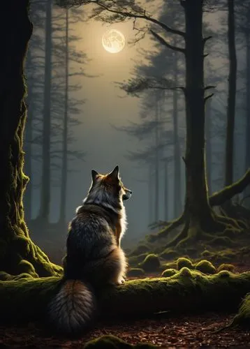 forest background,forest animal,howling wolf,south american gray fox,north american raccoon,moonlit night,woodland animals,grey fox,ring-tailed,fantasy picture,european wolf,forest landscape,raccoon,world digital painting,werewolf,forest animals,night watch,forest dark,moonlit,gray wolf,Art,Classical Oil Painting,Classical Oil Painting 07