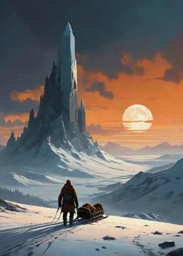 northrend,thermokarst,fantasy landscape,barren,winter landscape,ice planet,tundra,arctic,the wanderer,digital nomads,concept art,snow landscape,sci fiction illustration,heroic fantasy,baffin island,fantasy picture,futuristic landscape,ice landscape,north pole,snow mountains,Conceptual Art,Sci-Fi,Sci-Fi 01