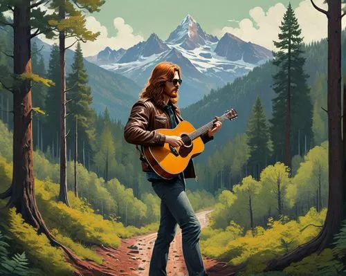 the spirit of the mountains,troubador,troubadour,guitar,banjo player,guitar player,livgren,voyageur,jasinski,concert guitar,vedder,strumming,mountain fink,loggins,playing the guitar,musician,vector illustration,el capitan,acoustic guitar,alaska,Conceptual Art,Fantasy,Fantasy 12