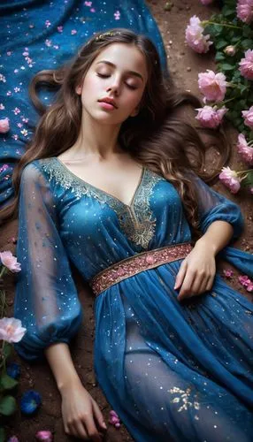 Arabian night, night sky over flowering gardens, charming, beautiful, cute young girl sleeping, long brown hair, beautiful closed eyes, soft pink lips, blue dew drops,the sleeping rose,sleeping rose,c