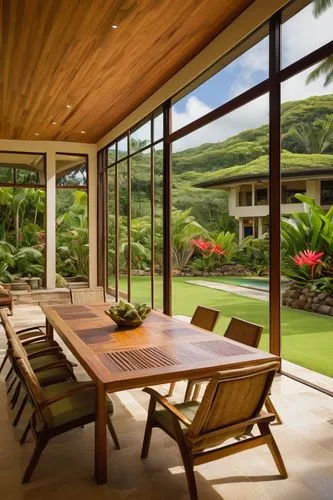 Manoa architecture, Hawaiian style, tropical, modern villa, large glass windows, sliding doors, wooden accents, natural stone walls, lush greenery surroundings, palm trees, exotic flowers, private pat