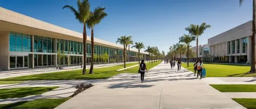 California State University Fullerton, modern architecture, grand entrance, large glass windows, steel frames, angular rooflines, sprawling campus, palm trees lining the walkways, vibrant green grass,