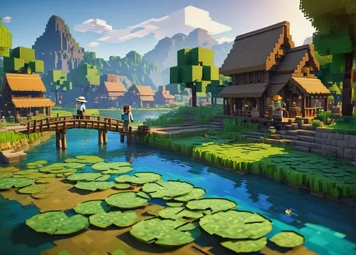 Minecraft style, river village, daytime, sunny weather, wooden bridge, villagers gathering, water flowing gently, lily pads, fishing boat, villager holding a fishing rod, standing on the riverbank, we