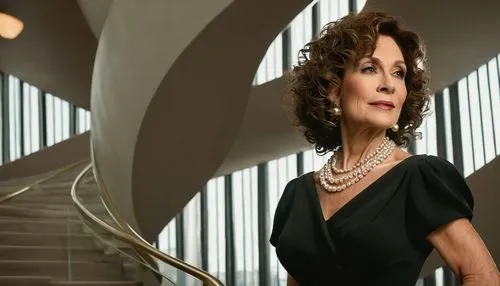 Ada Louise Huxtable, mature lady, 50yo, curly brown hair, elegant makeup, pearl necklace, formal wear, long black dress, high heels, standing, architectural landmark, Guggenheim Museum, spiral stairca