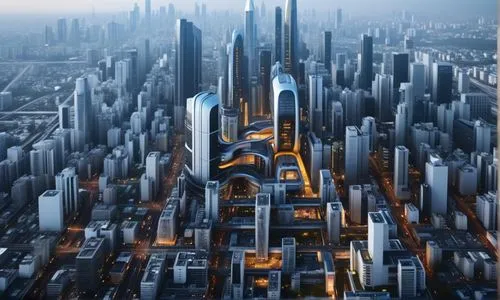 aerial view of a futuristic metropolitan urban city scape with hi-tech and scifi buildings and skycraaper , monorail transport network within city center, flying transport in the air , cinematic, cybe