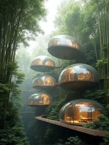 A series of futuristic office pods suspended by cables from giant bamboo stalks in a dense forest. The pods are made of lightweight, transparent materials, allowing natural light to flood the interior