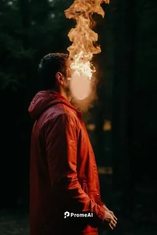 Man on Fire, realistic, burned clothing, accurate detail, red jacket,,fire artist,fire eater,pyrotechnic,fire master,fire-eater,pyrogames,fire background,fire dancer,fire dance,camp fire,fire devil,fi