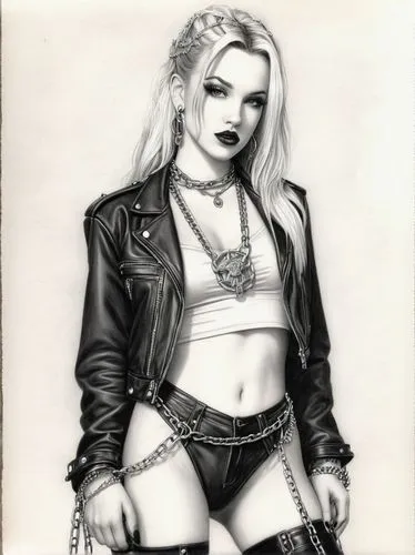 PIPER PERRI, in 1990s Heavy Metal clothes, chains, rivets,madonna,harley,poison,barb wire,pencil drawing,lotus art drawing,pencil drawings,toni,harley quinn,femme fatale,marylyn monroe - female,dita,b