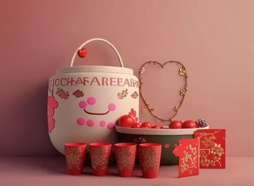 a canister shaped like a bucket and eight red cups,valentine's day décor,fragrance teapot,clay packaging,gingerbread jar,valentine candy,terracotta flower pot,Unique,3D,3D Character