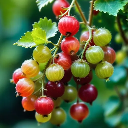 Full screen macro view of large, ripe, juicy, deep-red and green translucent gooseberries hanging crowded together from a single branch of a gooseberry bush, close-up showing the delicate, lighter str