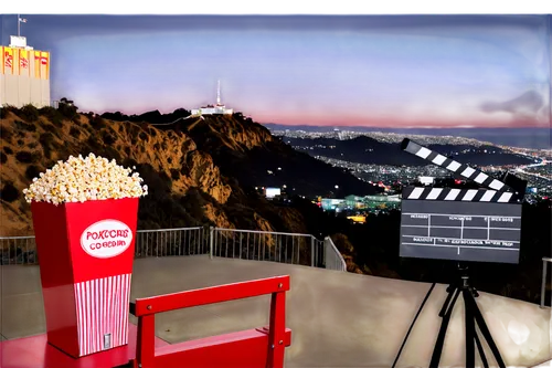 Popcorn bucket, cinema screen, movie camera, film reel, clapperboard, director chair, spotlight, red carpet, awards trophy, Hollywood sign, night cityscape, cinematic lighting, shallow depth of field,