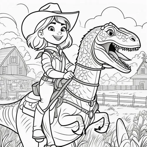 Drawing of only outlines for coloring.. A Blonde, freckled girl in a cowboy outfit, riding a friendly velociraptor, with a farm background. Disney Pixar movie style illustration. Vector drawing style,