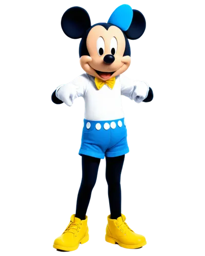 Mickey Mouse, cartoon style, bright blue shorts, yellow shoes, white gloves, iconic ears, cheerful smile, standing pose, vibrant colors, fantasy background, 3/4 composition, soft focus, warm lighting,