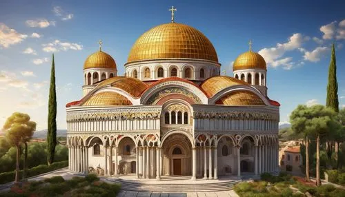 Byzantine architectural exteriors, majestic, ornate, golden domes, intricate stone carvings, arches, columns, ornamental capitals, red roofs, grand entrance, marble facades, lavish decorations, mosaic