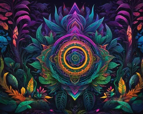 Vibrant DMT-inspired Ayahuasca artwork, abstract patterns, psychedelic shapes, neon colors, glowing eyes, tribal markings, sacred geometry, intricate details, ritualistic atmosphere, mystical plants, 