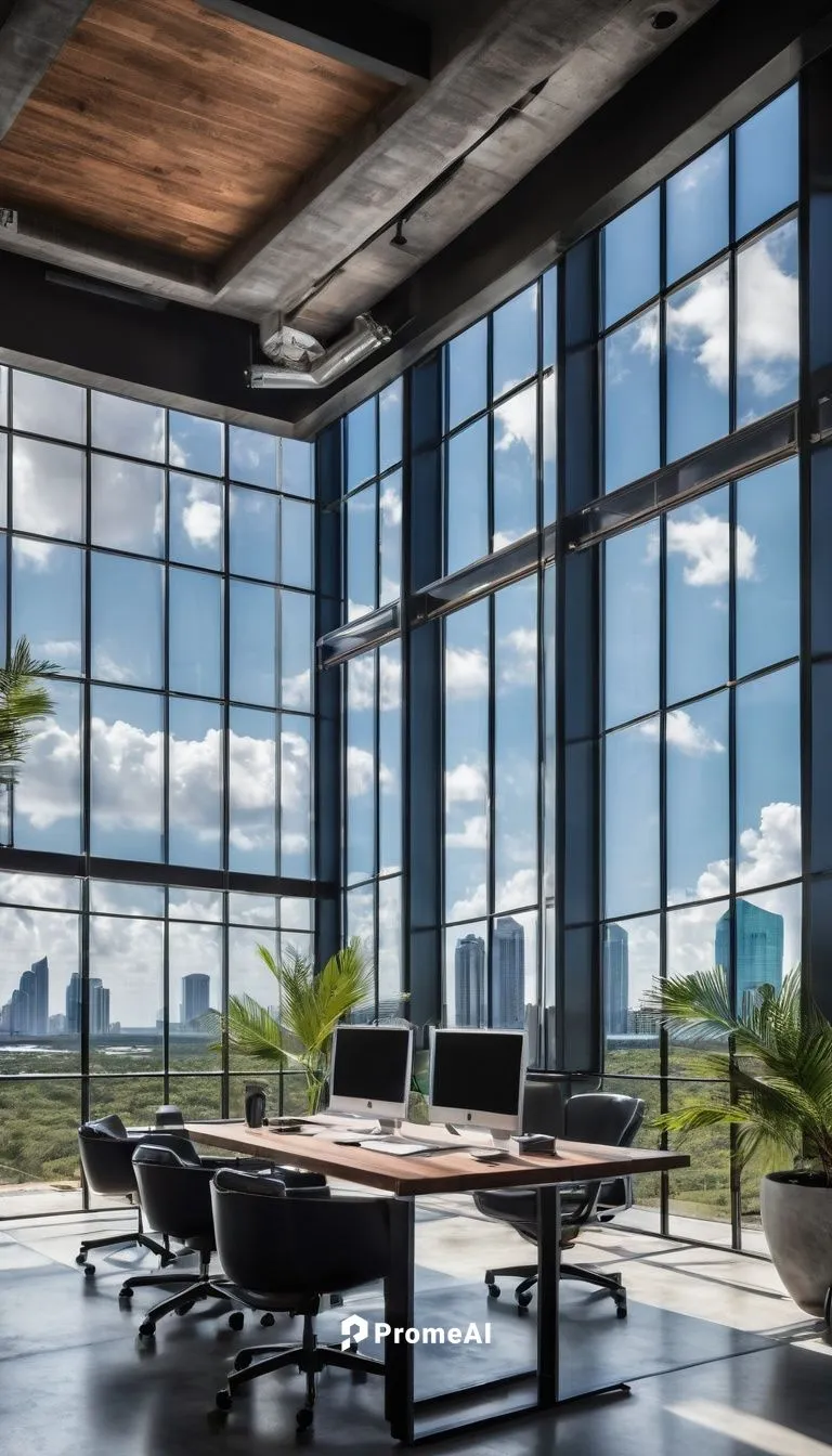 Modern architecture firm, Orlando FL, glass building, sleek lines, steel frame, concrete walls, wooden accents, green roof, cityscape background, sunny day, blue sky, few clouds, palm trees surroundin