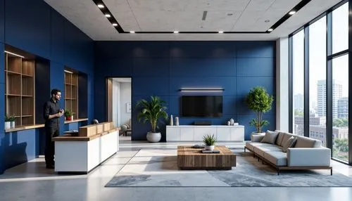 Navy blue accent walls, sophisticated corporate offices, modern minimalist furniture, sleek metal decorations, calm atmosphere, natural light pouring through floor-to-ceiling windows, subtle texture c