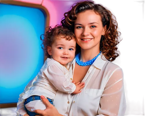 Mother, maternal love, gentle smile, soft makeup, curly brown hair, sweet facial expression, warm skin tone, white blouse, blue jeans, pearl necklace, holding baby, cradling, nurturing pose, warm ligh