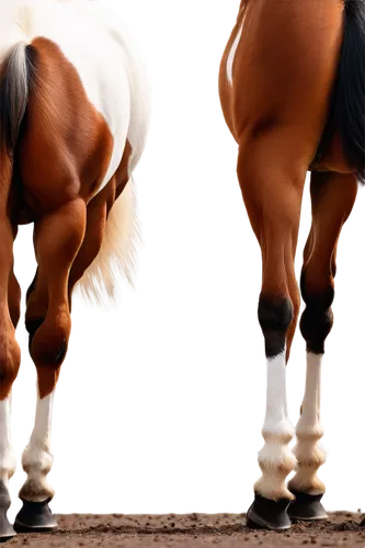 Two horses, brown and white, standing back to back, poop piles beneath them, detailed horsehair, shiny coats, muscles visible, strong legs, hooves on ground, nostrils flaring, ears perked up, close-up