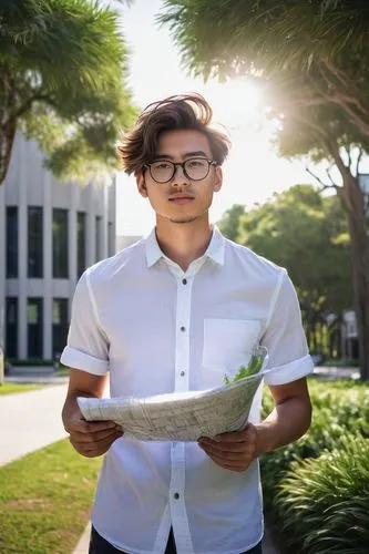 Young adult, male, university student, architecture major, wearing black-framed glasses, messy brown hair, casual white shirt, dark blue jeans, Adidas sneakers, holding a rolled-up blueprint, standing