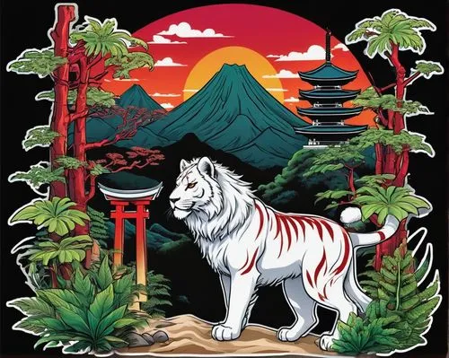 a majestic samurai roams the ancient Japanese enchanted land, surrounded by towering stone walls and towering lions. Its white fur is deep red with white stripes, and its large eyes fixate on a small 