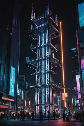 electric tower,cybercity,metropolis,steel tower,shinjuku,hypermodern,tokyo city,shibuya,skyscraper,city corner,cyberpunk,ctbuh,urban towers,urbanworld,tokyo,cityzen,vertical,guangzhou,the energy tower,cellular tower,Illustration,Paper based,Paper Based 01