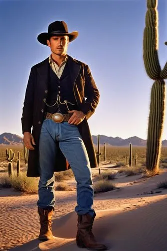 Bat Masterson, handsome cowboy, rugged facial features, strong jawline, piercing blue eyes, messy brown hair, worn leather boots, faded denim jeans, white button-down shirt, black vest, wide-brimmed h