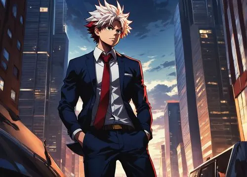 white-collar worker,suit,my hero academia,anime japanese clothing,businessman,necktie,a black man on a suit,red tie,navy suit,suits,dusk background,anime cartoon,business man,killua hunter x,background images,dark suit,stock broker,city ​​portrait,tie,businessperson,Art,Classical Oil Painting,Classical Oil Painting 30