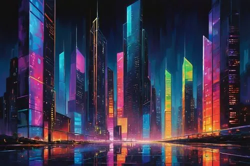 cityscape,colorful city,cybercity,futuristic landscape,metropolis,cyberpunk,fantasy city,hypermodern,city blocks,cityzen,urbanworld,synth,cybertown,cities,skyscrapers,futuristic,polara,urban,neon arrows,city at night,Illustration,Vector,Vector 07