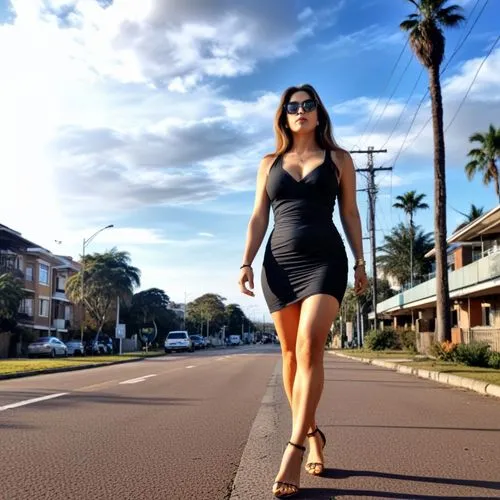 a women that is walking down a street,boulevard,woman walking,paparizou,tropico,videoclip,italiana