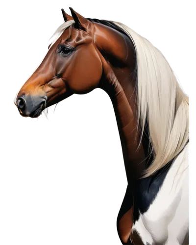 Realistic horse head, detailed facial features, gentle eyes, flowing mane, soft fur texture, white highlight on nose, mouth slightly open, ears perked up, side view, simple background, black outline, 