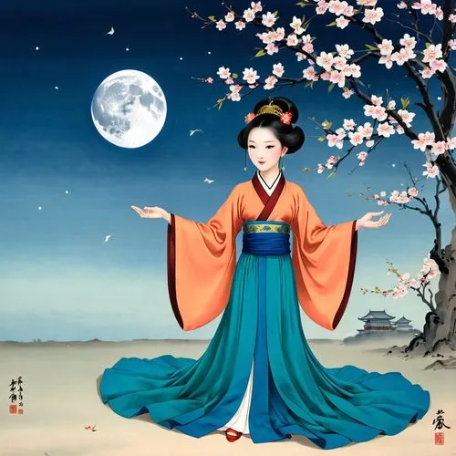 chuseok,oriental painting,kunqu,hanfu,daiyu,maiko,the plum flower,geishas,sanxia,yi sun sin,kuanyin,huijin,jiaozhi,oriental princess,diaochan,kuangyin,yunxia,guobao,dongyin,japanese art,Conceptual Art,Oil color,Oil Color 15