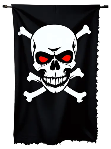 Pirate flag, Jolly Roger, black background, white skull, crossbones, red eyes, torn edges, worn fabric, fluttering in wind, close-up shot, dramatic lighting, high contrast, cinematic composition.,a sk