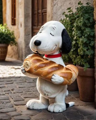 Snoopy I am the Chubbynator. This is a photograph of my awkward moment in SpainSnoopy eats a big baguette,purebred dog,hot dog bun,potcake dog,challah,purebred,fresh bread,pâtisserie,raisin bread,bagu