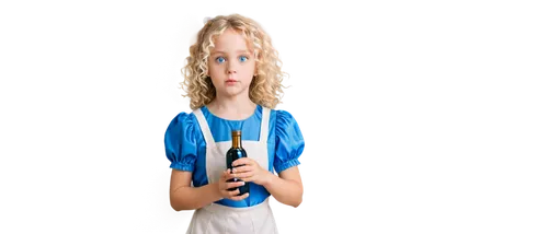 Alice, Wonderland, little girl, blue dress, white apron, curly blonde hair, big blue eyes, innocent expression, holding a small bottle, standing, whimsical, dreamy, soft shading, fine lines, delicate 