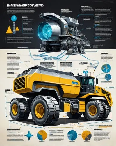 Architecture Sketch (industrial design of a Lunar excavator XCMG XE7000, powered by KOMATSU and CAT with notes on materials and measurements, in the style of infographic poster masterpiece of mechanic