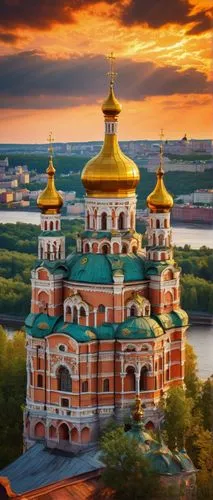 Historical Ukrainian architecture, ornate Eastern Orthodox church, golden domes, intricate stone carvings, colorful ceramic tiles, grand staircase, Baroque style, Kiev cityscape, scenic Dnieper River 