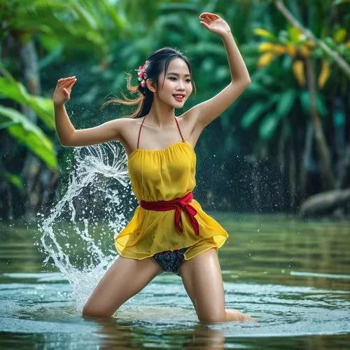 hula,water nymph,vietnam,miss vietnam,vietnamese woman,water wild,girl on the river,splashing,ethnic dancer,dancer,yellow jumpsuit,water splash,water lotus,vietnam's,in water,vietnam vnd,photoshoot with water,vietnamese,water games,splashing around,Photography,General,Realistic