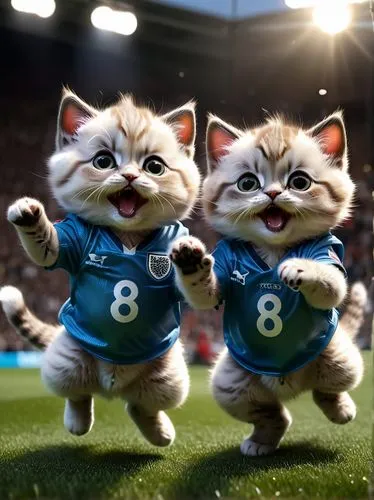 Two chubby little kittens, very cute, they both have a pair of very big eyes, they are wearing the Three Lions jerseys of the England football team, they are cheering, jumping and celebrating winning 