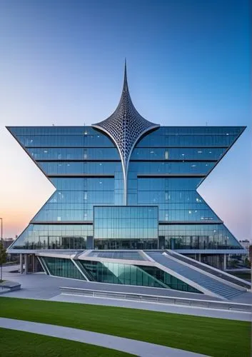 the modern building has an inverted star on top,kaust,skolkovo,baku,esteqlal,mubadala,glass facade,Photography,General,Realistic