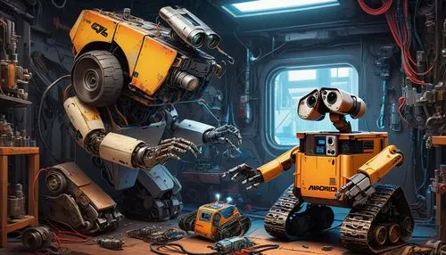 Illustration of a mechanic repairing a robot from the inside, with the help of a small assistant robot Wall-e, highly detailed and realistic,claptrap,walle,yellow machinery,industrial robot,mechanize,