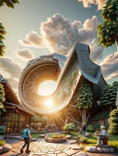 futuristic landscape,stargate,futuristic architecture,eco hotel,sky space concept,crooked house,3d fantasy,solar cell base,fantasy world,concept art,hobbiton,golf hotel,futuristic art museum,flying saucer,eco-construction,golf resort,fantasy landscape,fantasy picture,world digital painting,development concept