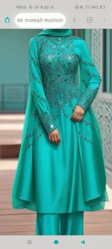 3d fashion drawing of dress for Muslim hijab with sequins with turquoise  green and with dark turquoise green embroidery with Muslim hijab with  shoes,a woman in a green dress standing on the street,k