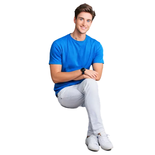 Young adult, solo, handsome man, short brown hair, bright blue eyes, subtle smile, casual wear, white T-shirt, dark jeans, sneakers, relaxed pose, leaning against wall, natural lighting, 3/4 compositi