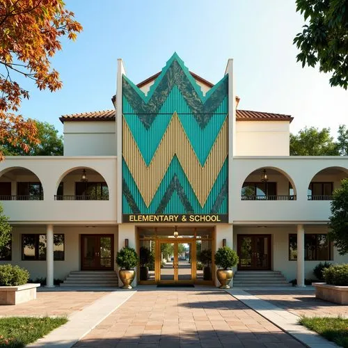 Geometric elementary school building, zigzag ornate facade, bright turquoise accents, golden metallic details, ornate entrance doors, symmetrical composition, curved lines, luxurious textures, sun-kis