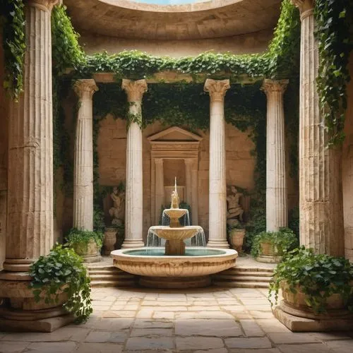 Interior of an ancient Greek temple, columns covered in ivy, a fountain with statues in the middle of the room,stone fountain,fountain,decorative fountains,artemis temple,old fountain,water fountain,g